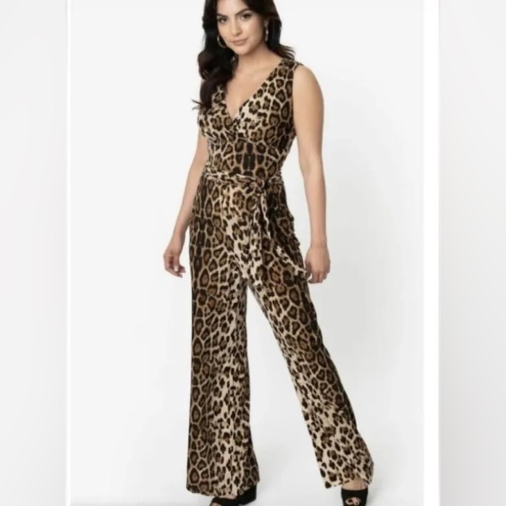 2xl Unique-Vintage sleeveless leopard print wide leg jumpsuit with belt